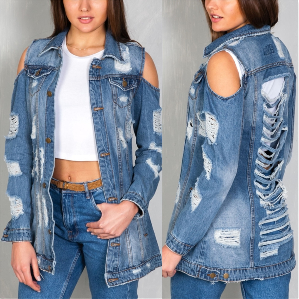 ❤LAST1❤ COLD SHOULDER DISTRESSED SLASHED DENIM - Picture 3 of 4